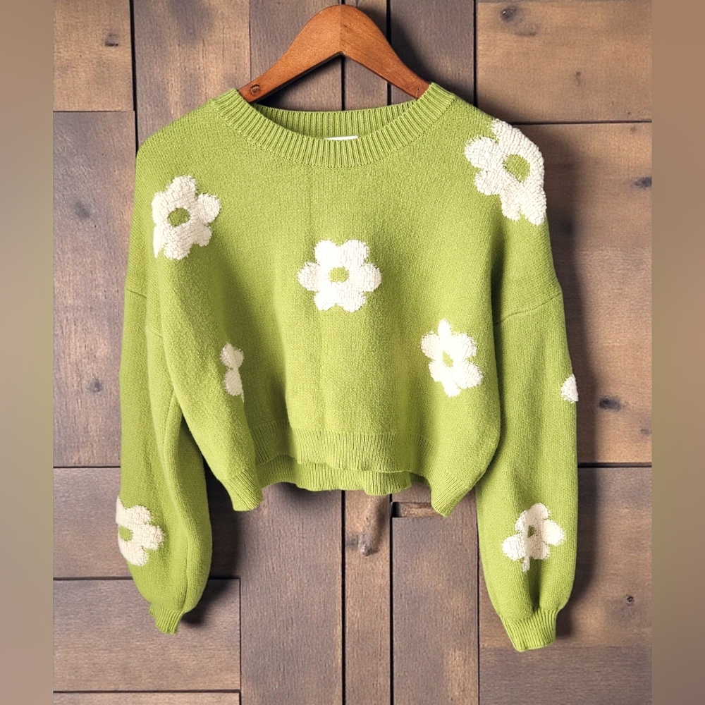 Luna Ivy Lime 3D Ivory Daisy Cropped Sweater Womens L Long Sleeve Retro Crew - Picture 2 of 13